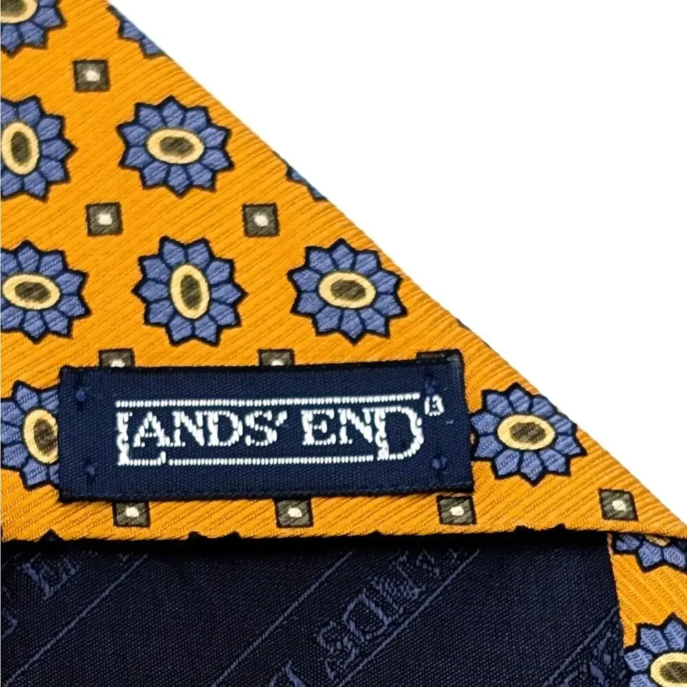Vintage 90s Lands End Silk Jacquard Tie Geometric Medallion Gold Blue Y2K Preppy